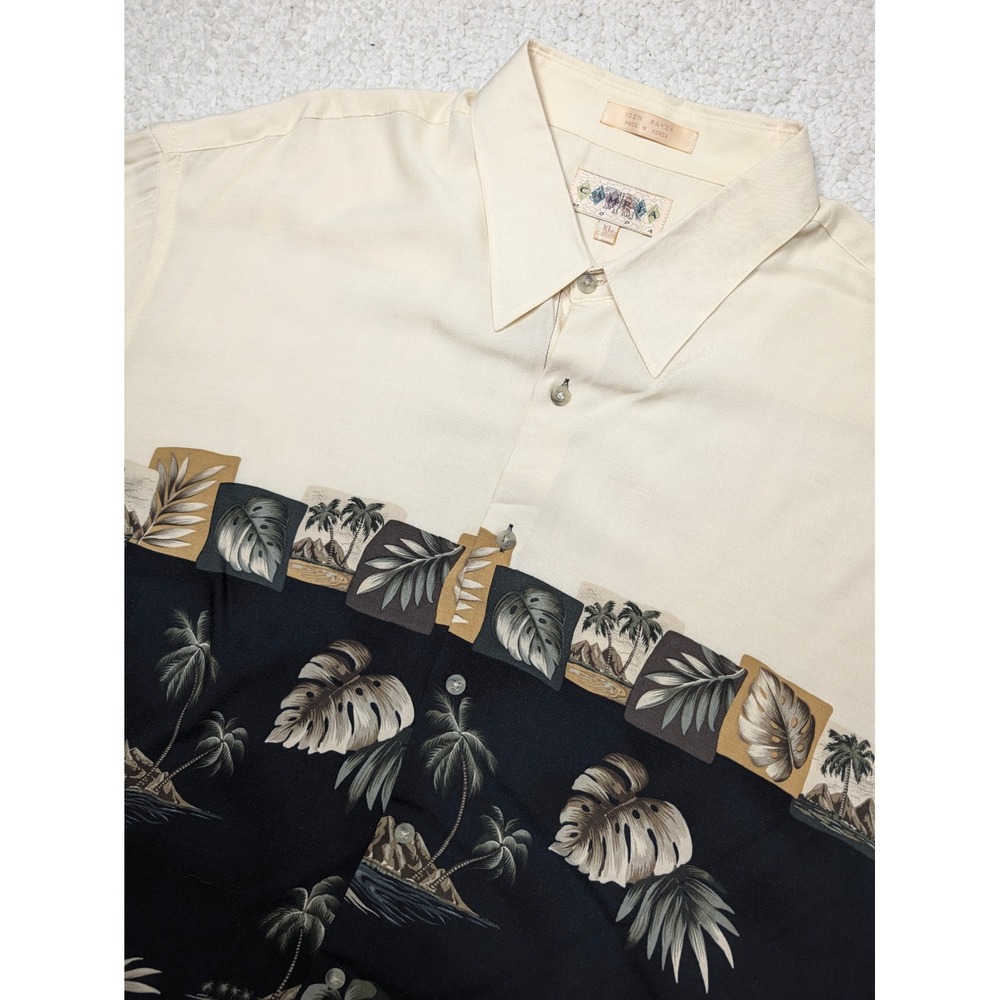 Vintage Campia Moda Mens Button Front Shirt Rayon Cream Black Tropical Print XL